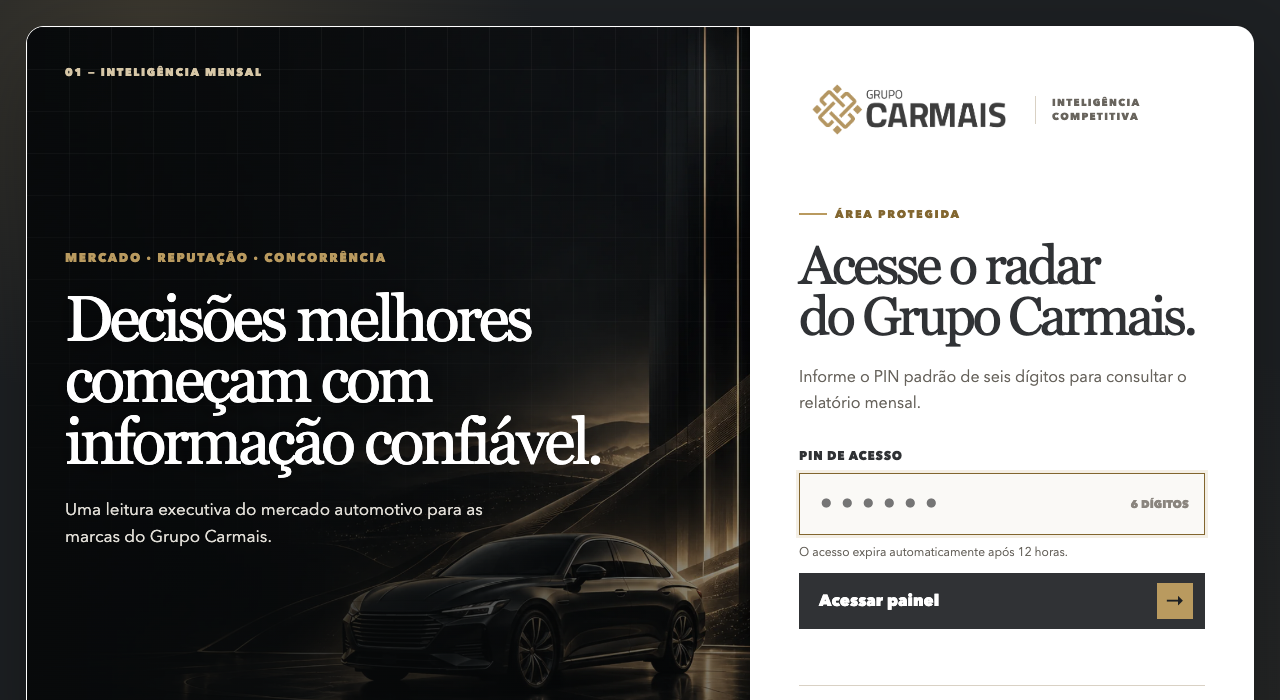 Tela de abertura do radar competitivo do Grupo Carmais, com acesso por PIN